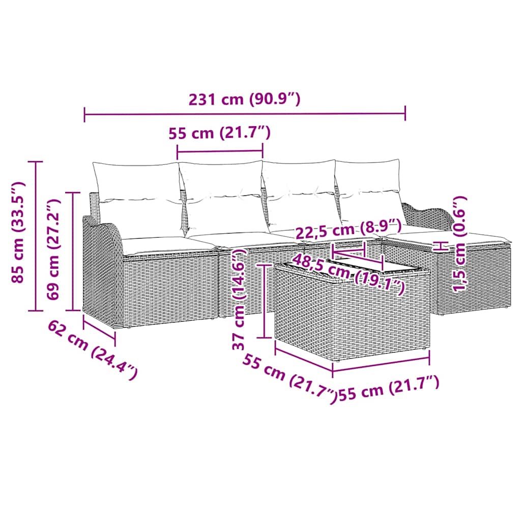 Gartensofa-set 6 stk. Schwarz Poly-Rattan