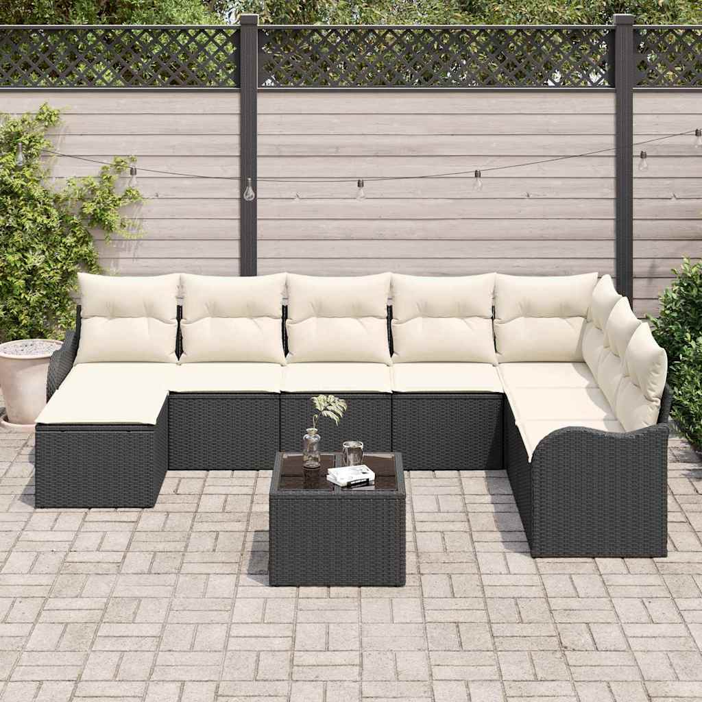 Gartensofa-set 9 stk. Schwarz und Weiß Poly-Rattan