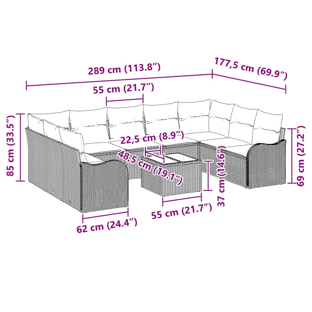 Gartensofa-set 10 stk. Grau Poly-Rattan