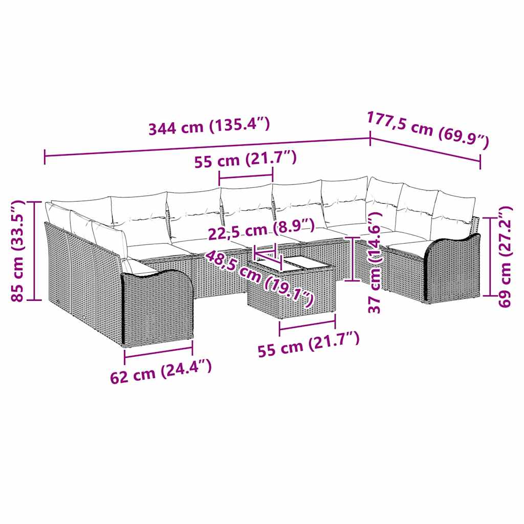 Gartensofa-set 11 stk. Grau Poly-Rattan