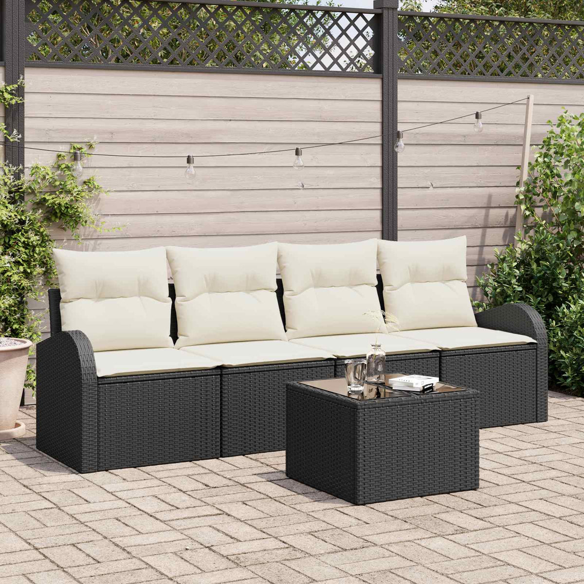 Gartensofa-set 5 pcs 4-Seater Schwarz und Creme Poly-Rattan
