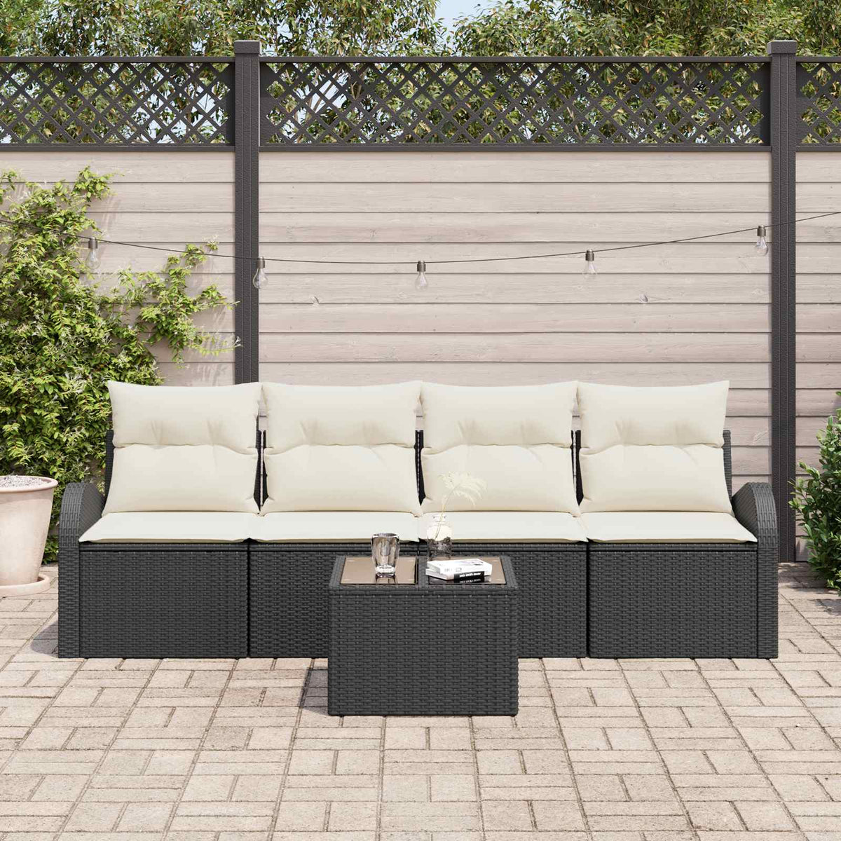 Gartensofa-set 5 pcs 4-Seater Schwarz und Creme Poly-Rattan