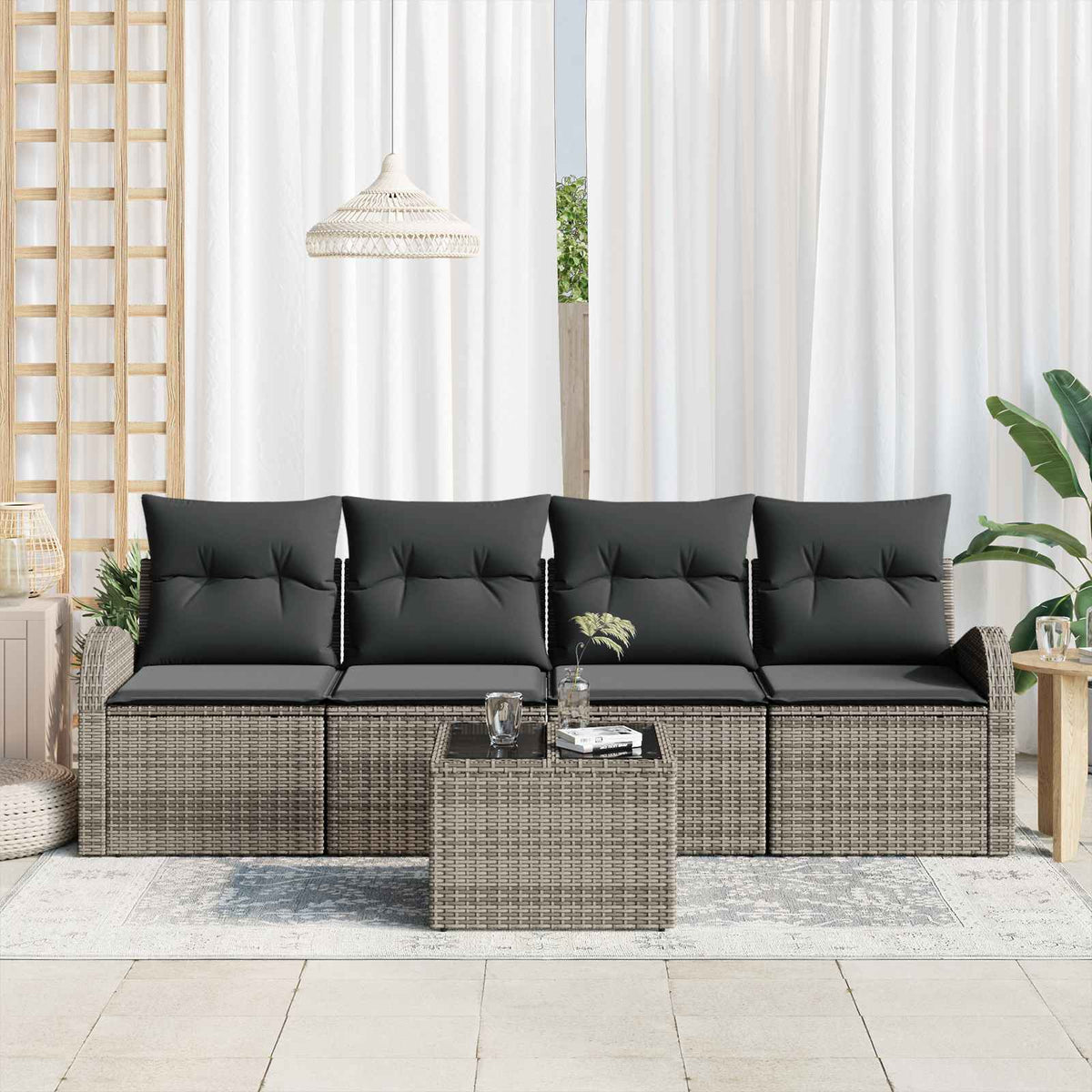 Gartensofa-set 5 pcs 4-Seater Grau Poly-Rattan