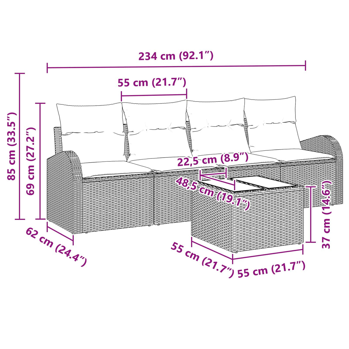 Gartensofa-set 5 pcs 4-Seater Grau Poly-Rattan