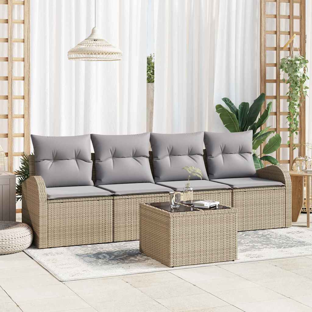 Gartensofa-set 5 Stk. 4-Sitzanzahl Beige und Grau Poly-Rattan