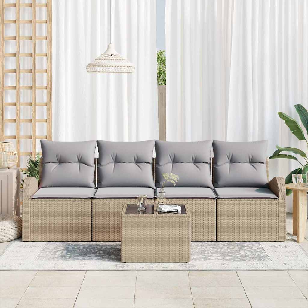 Gartensofa-set 5 Stk. 4-Sitzanzahl Beige und Grau Poly-Rattan