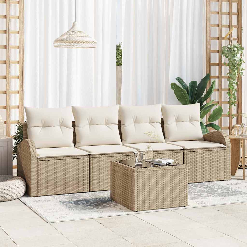 Gartensofa-set 5 Stk. 4-Sitzanzahl Beige und Creme Poly-Rattan