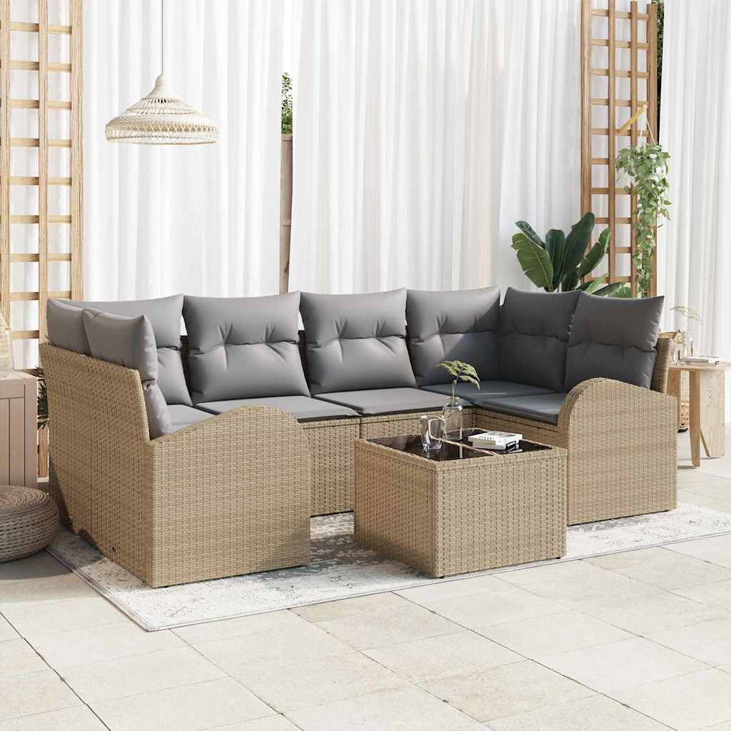 Gartensofa-set 7 stk. 6-Sitzanzahl Beige und Grau Poly-Rattan