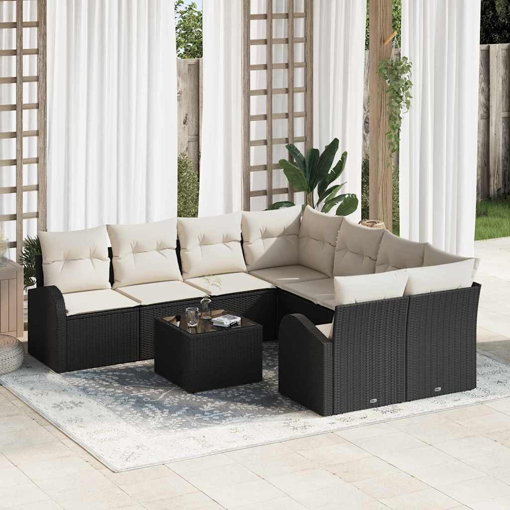 Sofa Set 9 stk. 8-Sitzanzahl Schwarz und Creme Poly-Rattan