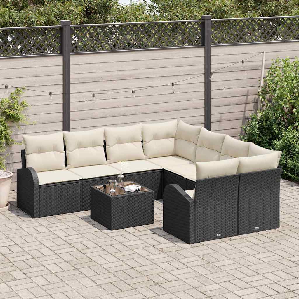 Sofa Set 9 stk. 8-Sitzanzahl Schwarz und Creme Poly-Rattan