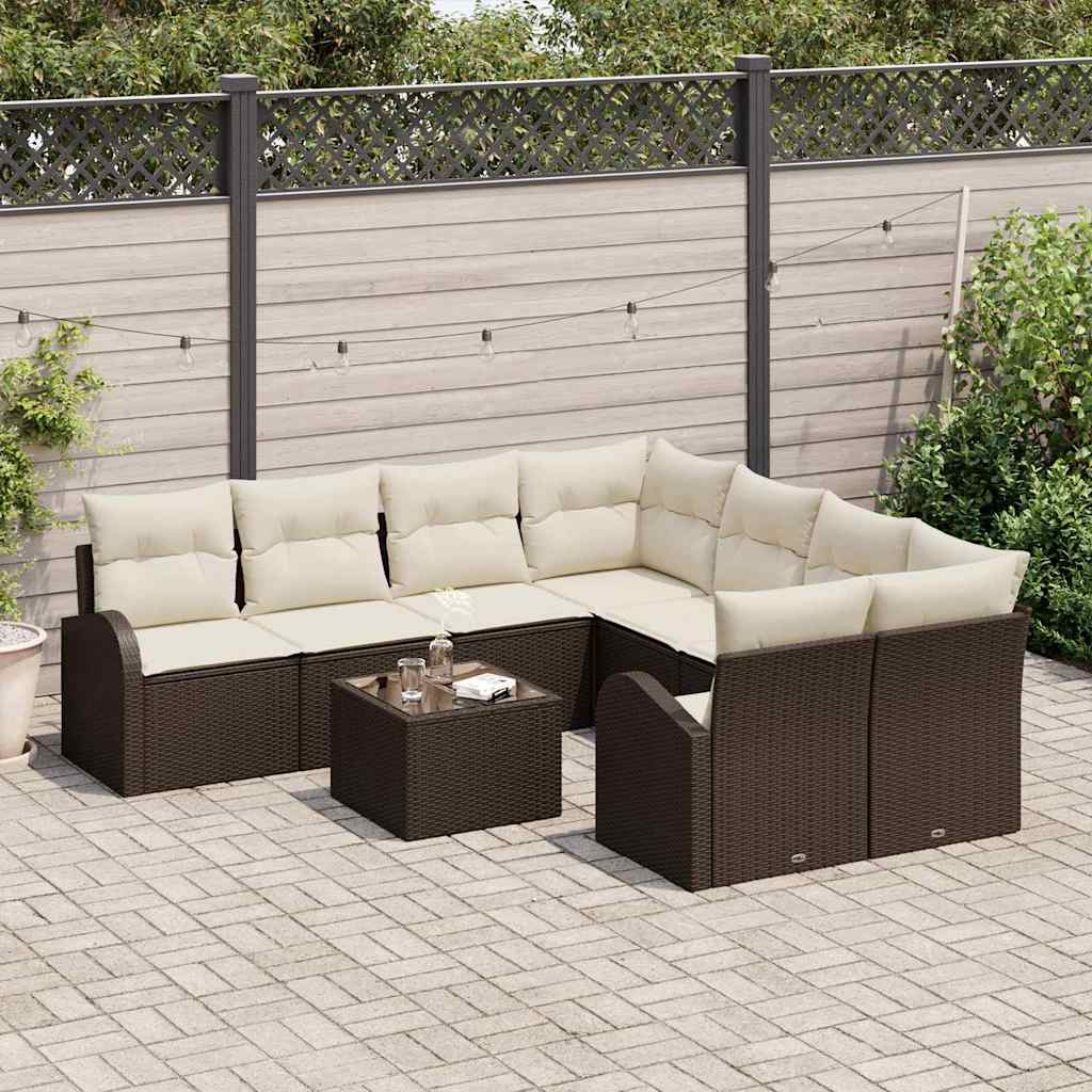 Sofa Set mit Kissen 9 pcs Braun und Creme Poly-Rattan