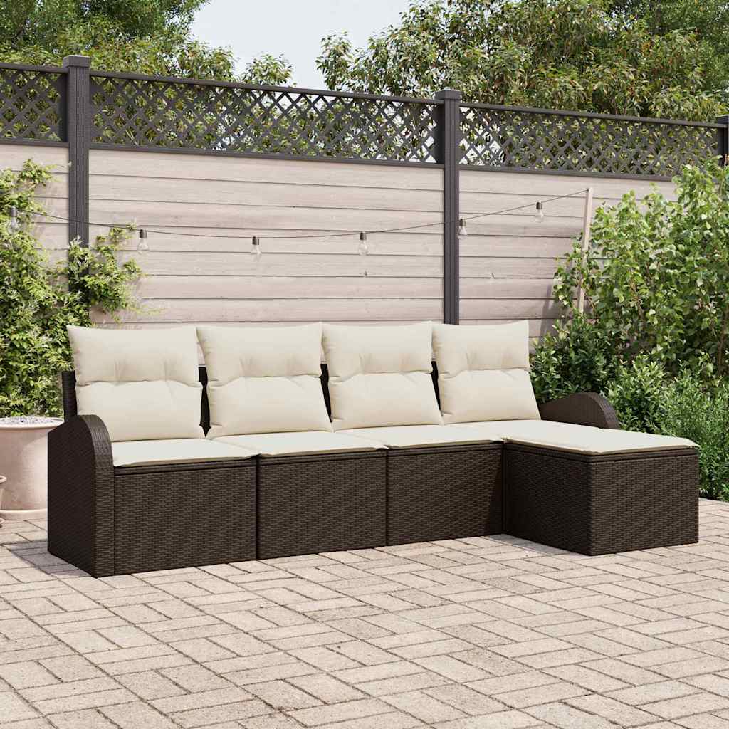 Sofa Set mit Kissen 5 pcs Braun und Weiß Poly-Rattan