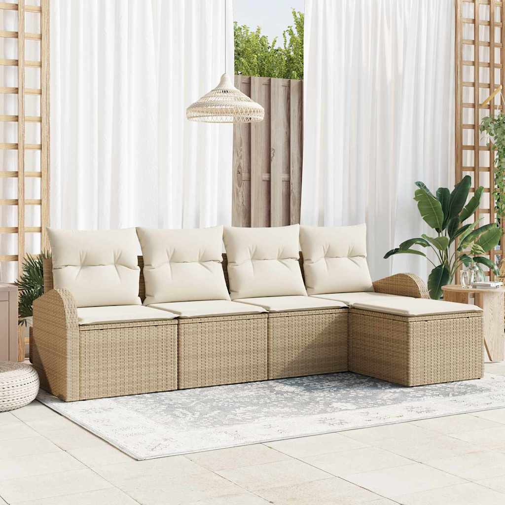 Sofa Set 5 stk. Beige und Weiß Poly-Rattan