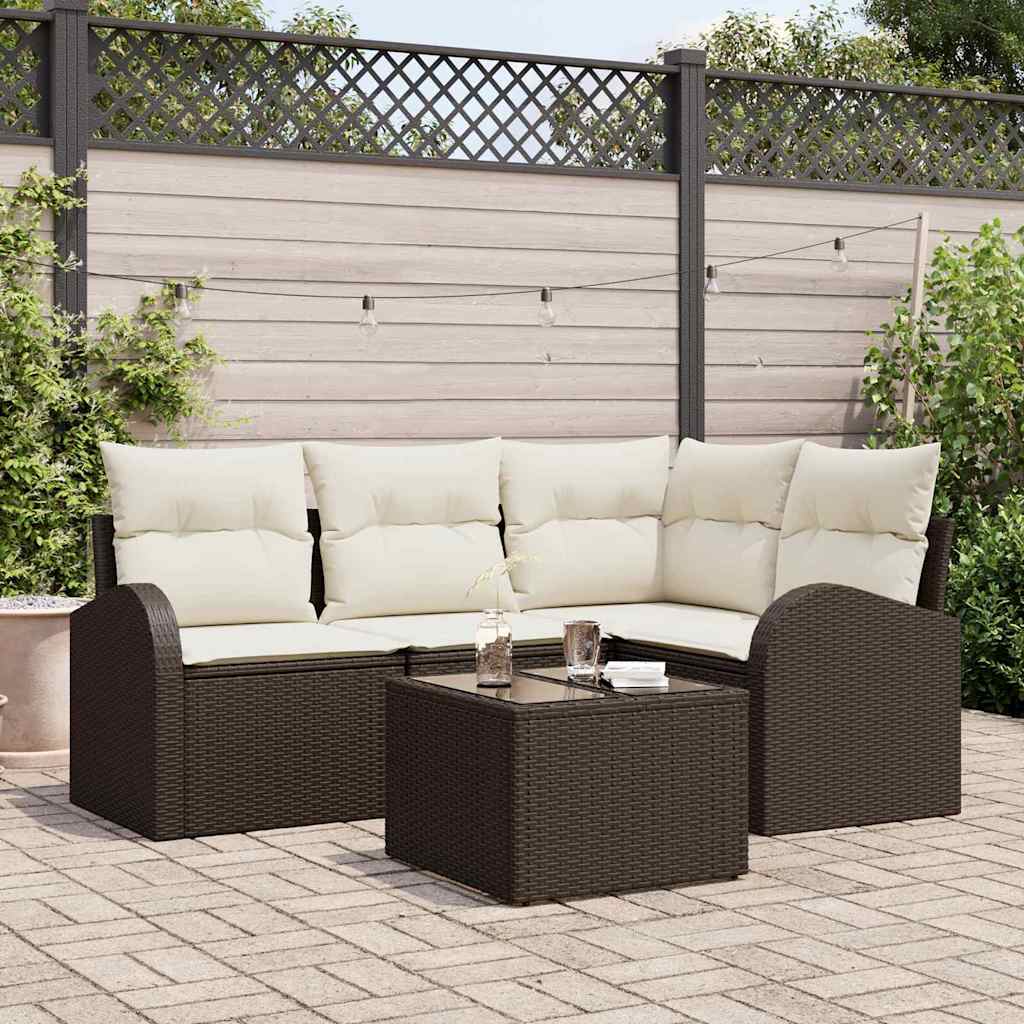 Gartensofa-set mit Kissen 5 pcs Braun und Weiß Poly-Rattan