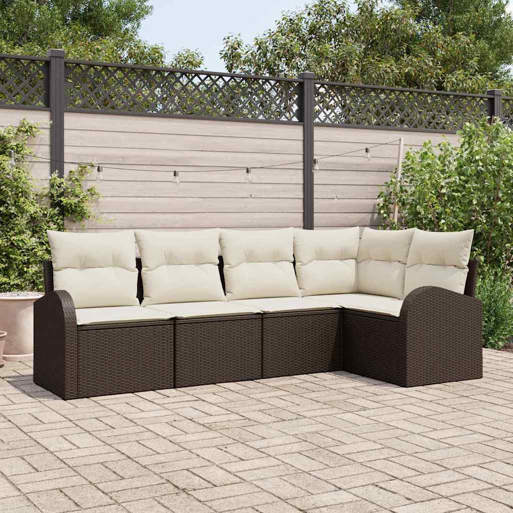 Gartensofa-set mit Kissen 5 pcs Braun und Weiß Poly-Rattan