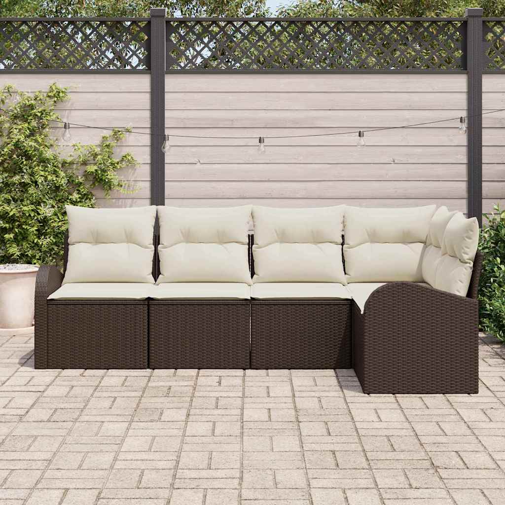 Gartensofa-set mit Kissen 5 pcs Braun und Weiß Poly-Rattan