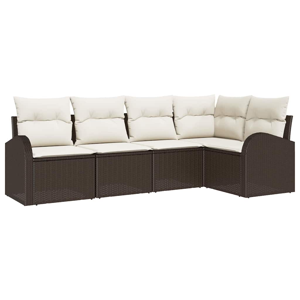 Gartensofa-set mit Kissen 5 pcs Braun und Weiß Poly-Rattan