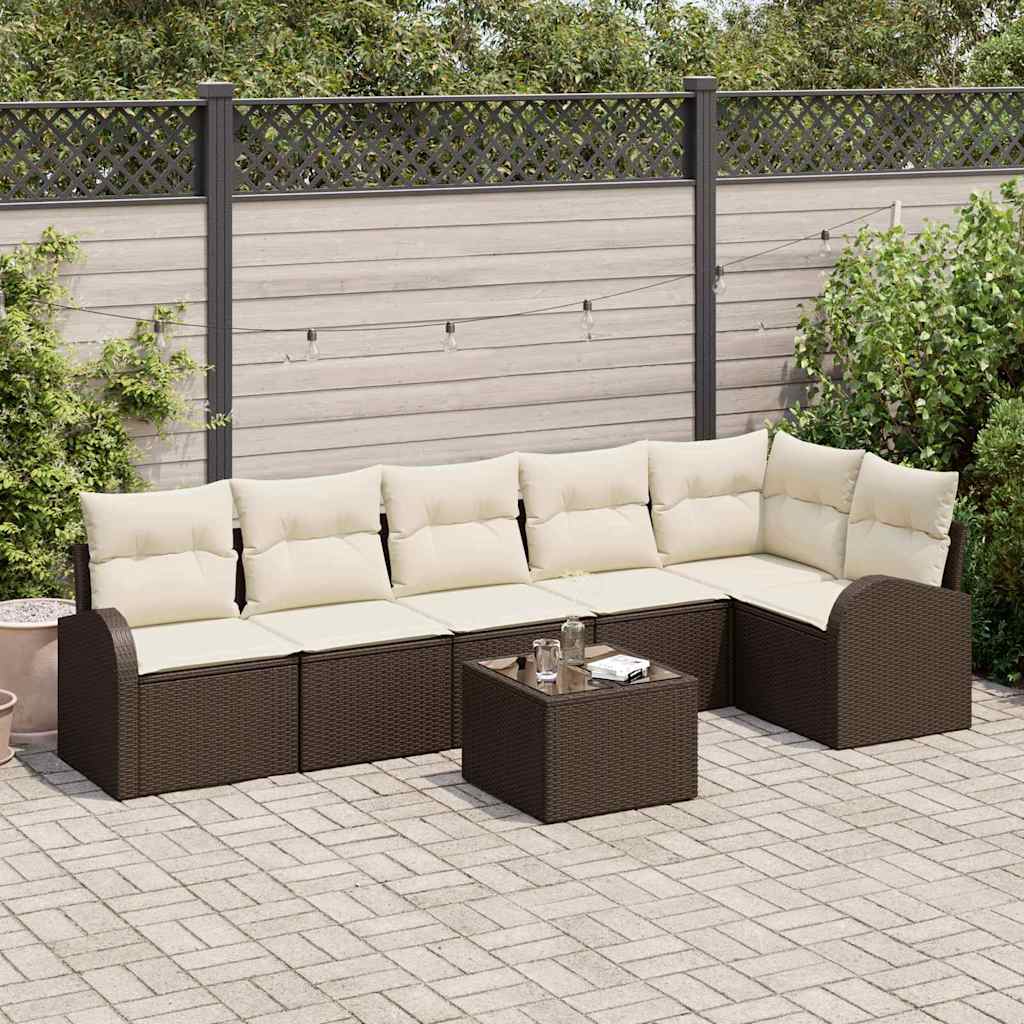 Gartensofa-set mit Kissen 7 pcs Braun und Weiß Poly-Rattan