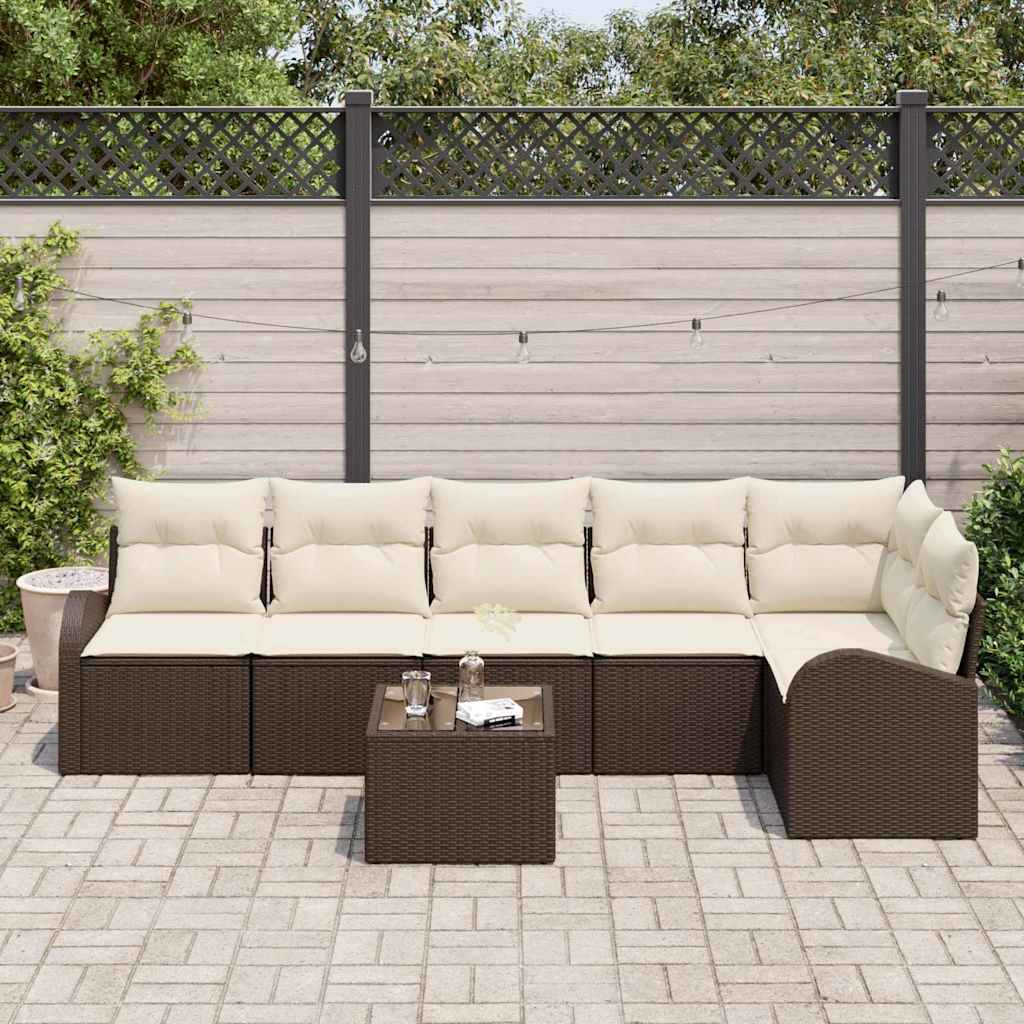 Gartensofa-set mit Kissen 7 pcs Braun und Weiß Poly-Rattan