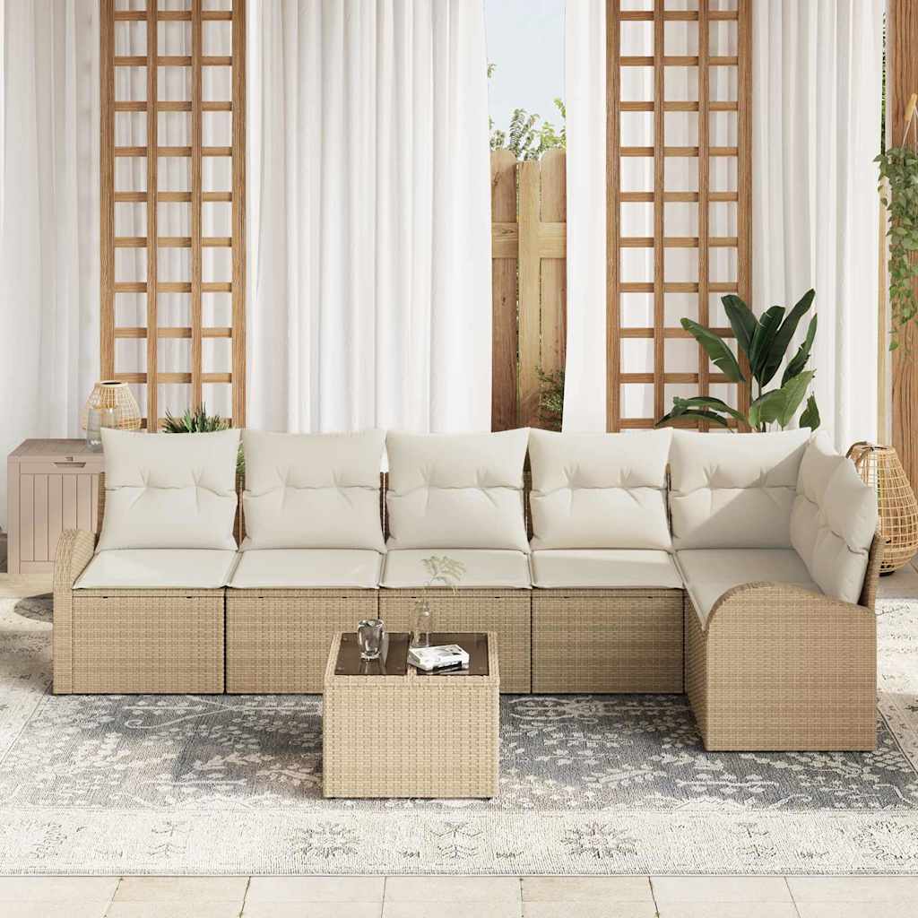 Gartensofa-set 7 stk. Beige und Weiß Poly-Rattan