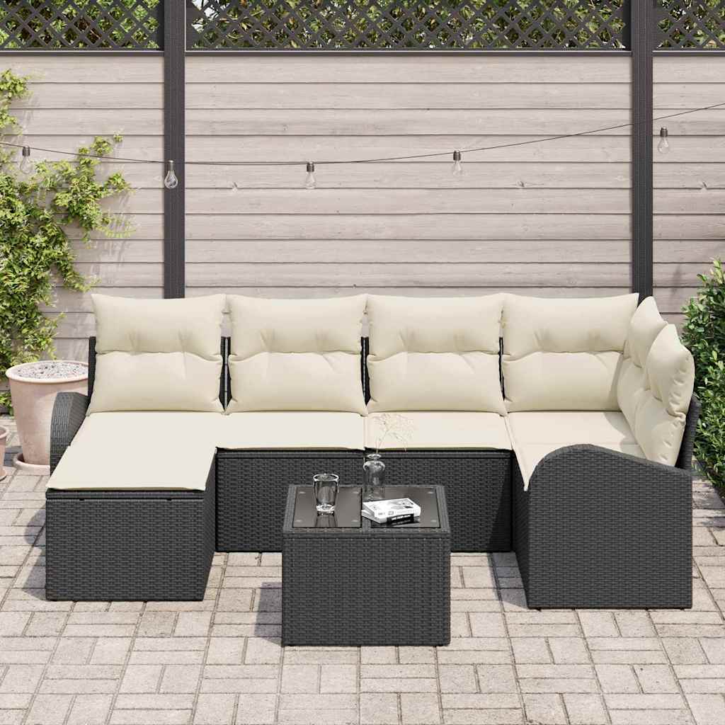 Sofa Set 7 stk. Schwarz und Weiß Poly-Rattan