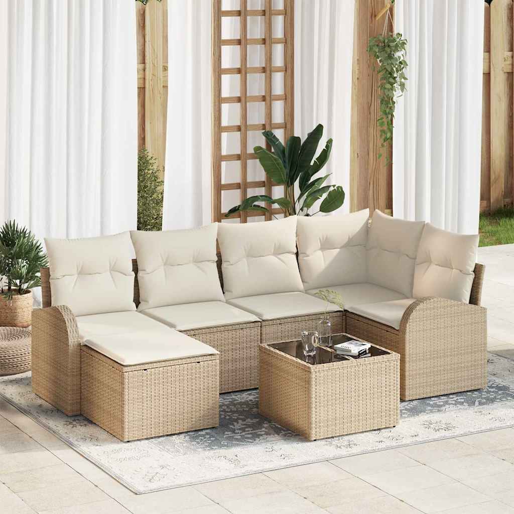 Sofa Set 7 stk. Beige und Weiß Poly-Rattan