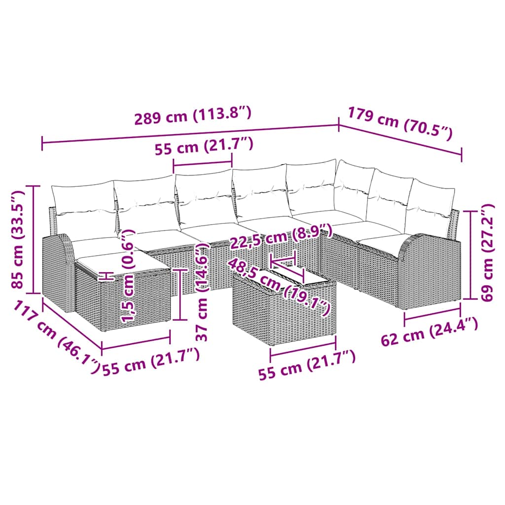 Sofa Set 9 stk. Schwarz Poly-Rattan