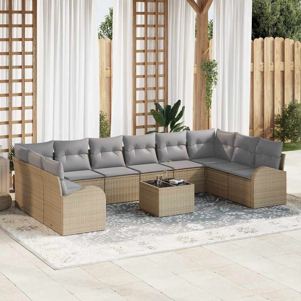 Gartensofa-set mit Kissen 11 pcs Beige und Hellgrau Poly-Rattan
