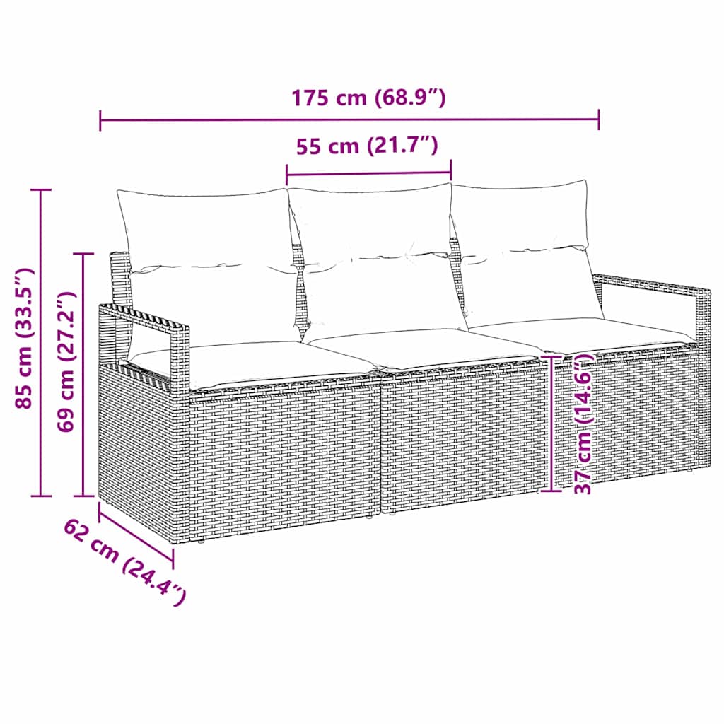 Gartensofa-set 3 stk. Schwarz Poly-Rattan