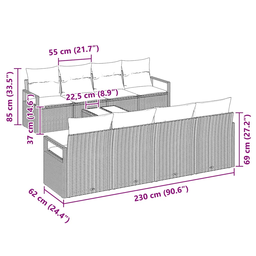 Gartensofa-set mit Kissen 9 pcs Schwarz Poly-Rattan