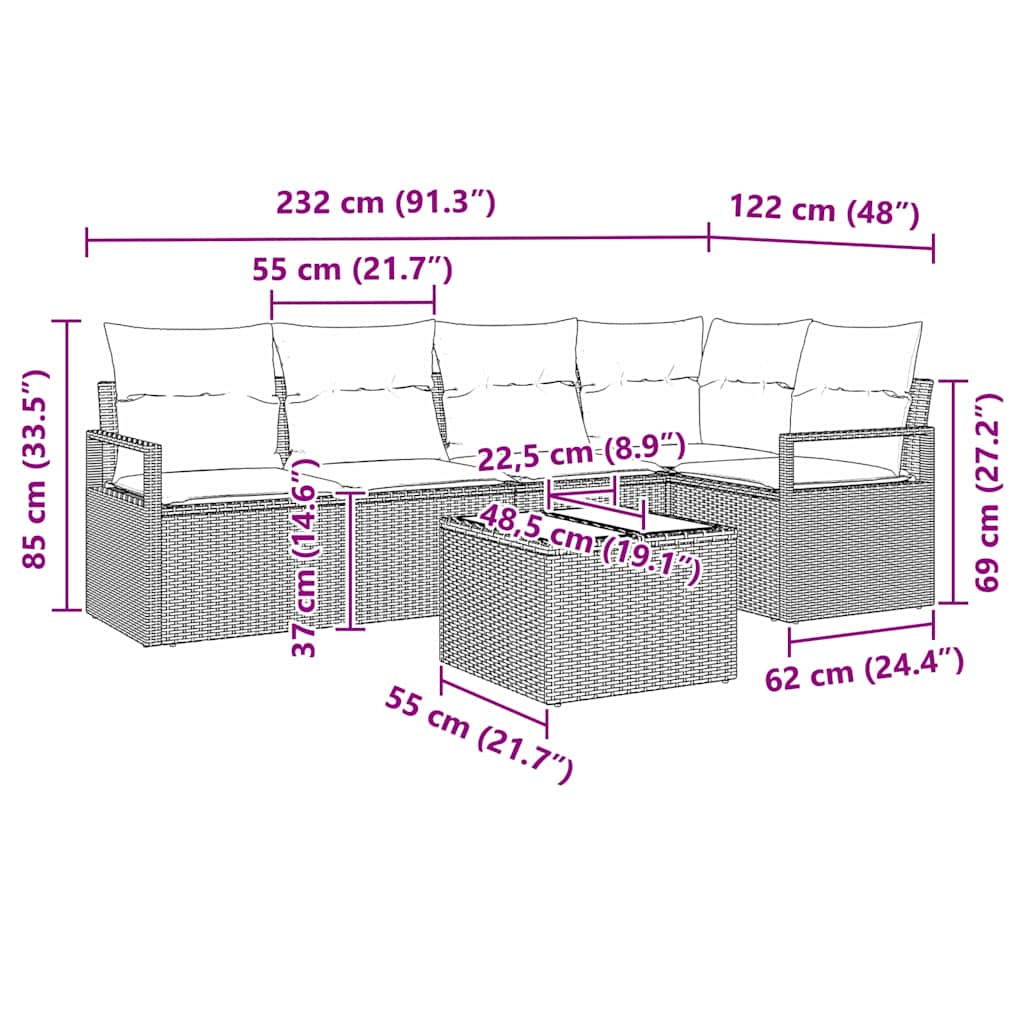 Gartensofa-set 6 stk. Schwarz Poly-Rattan
