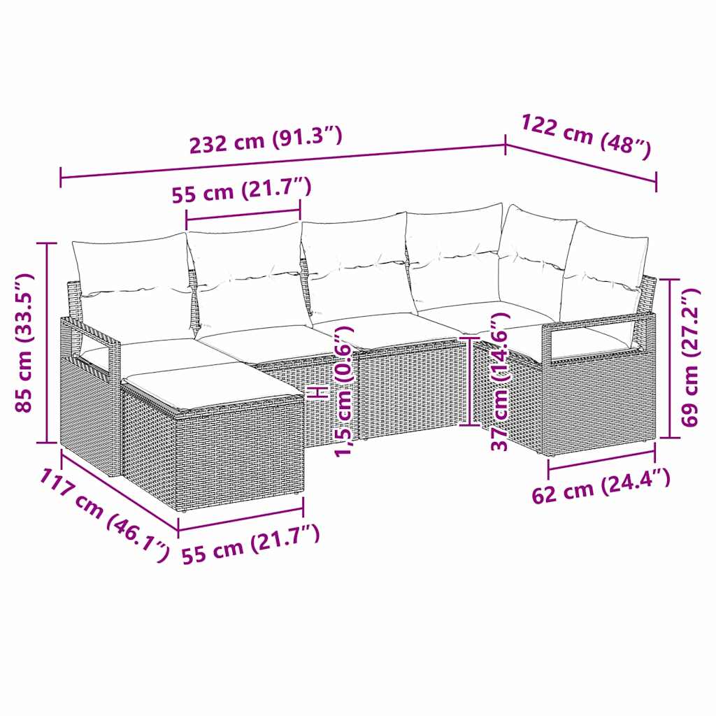 Sofa Set 6 stk. Schwarz Poly-Rattan