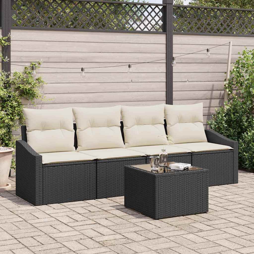 Sofa Set 5 stk. Schwarz und Creme Poly-Rattan