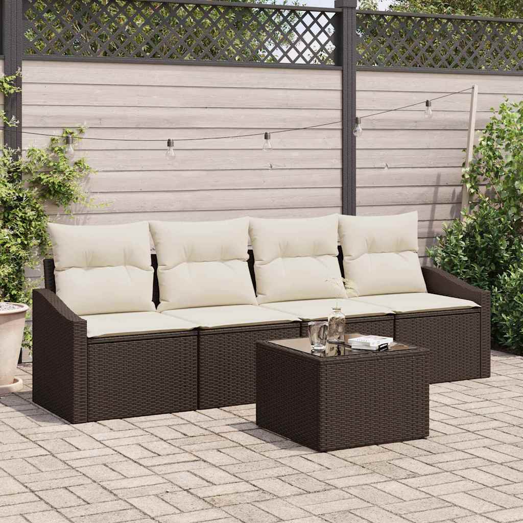 Sofa Set 5 stk. Braun und Creme Poly-Rattan