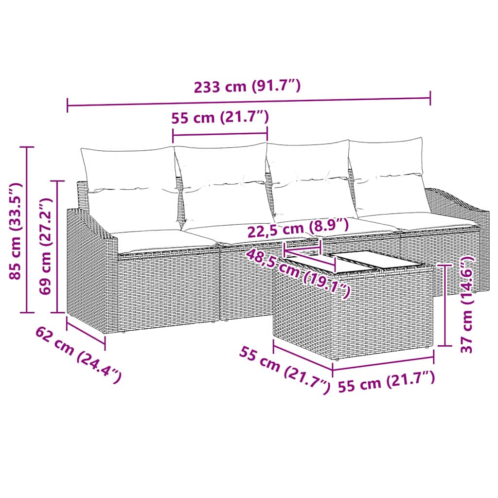 Sofa Set 5 stk. Grau Poly-Rattan