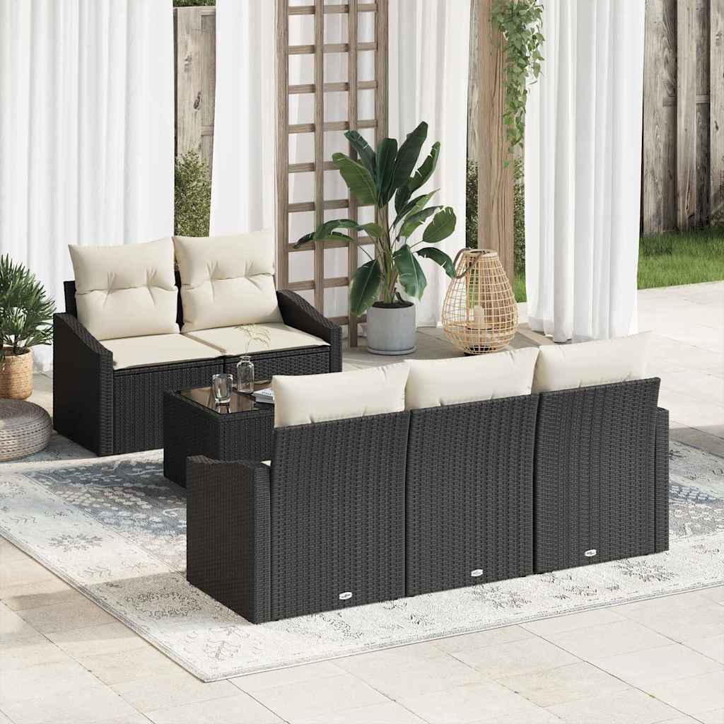 Sofa Set 6 Stk. Schwarz und Creme Poly-Rattan