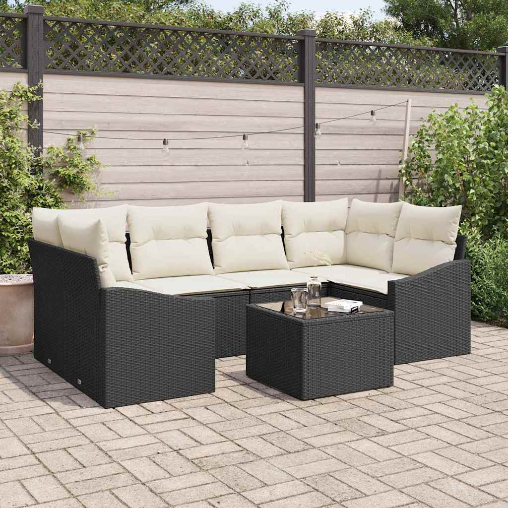 Sofa Set 7 stk. Schwarz und Creme Poly-Rattan