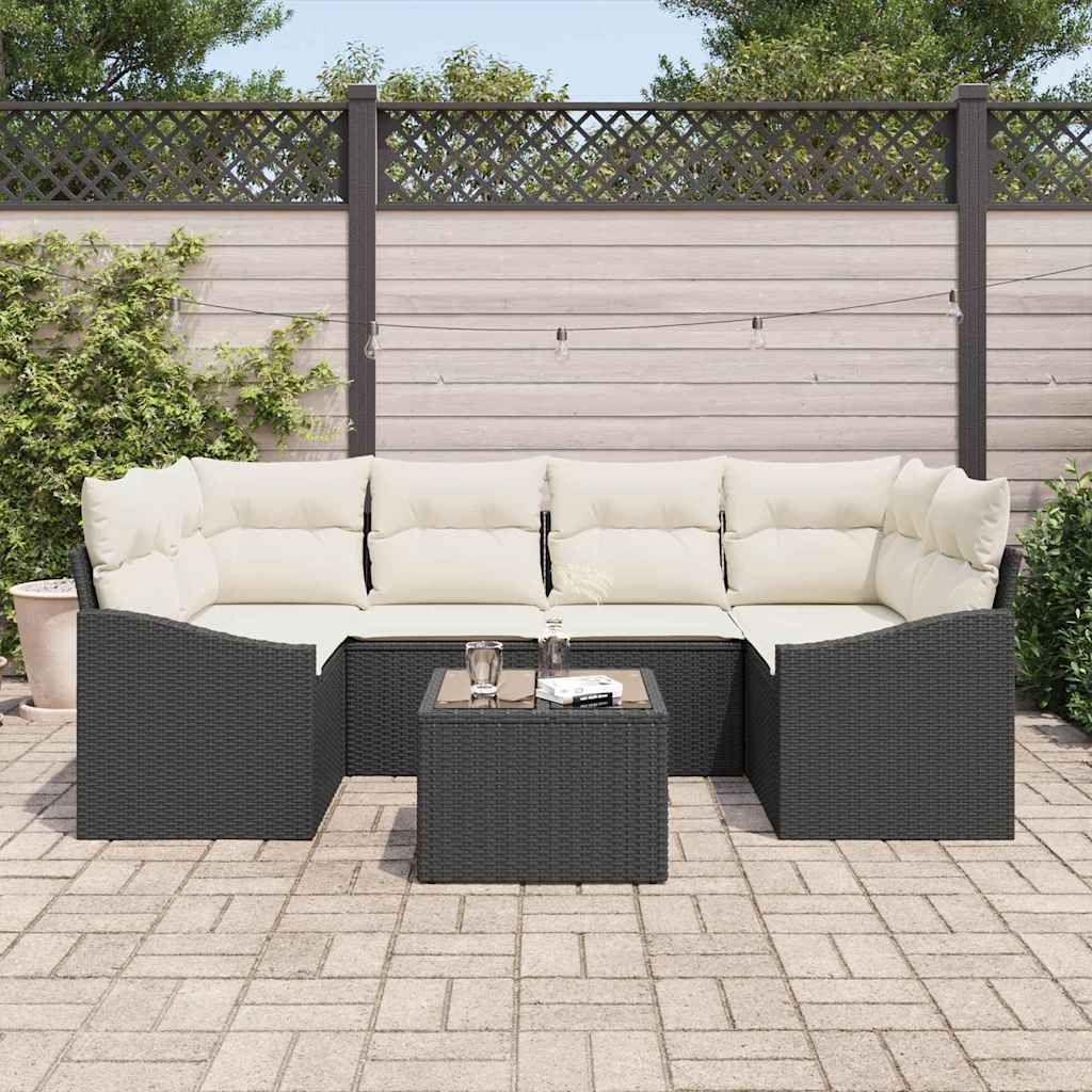 Sofa Set 7 stk. Schwarz und Creme Poly-Rattan