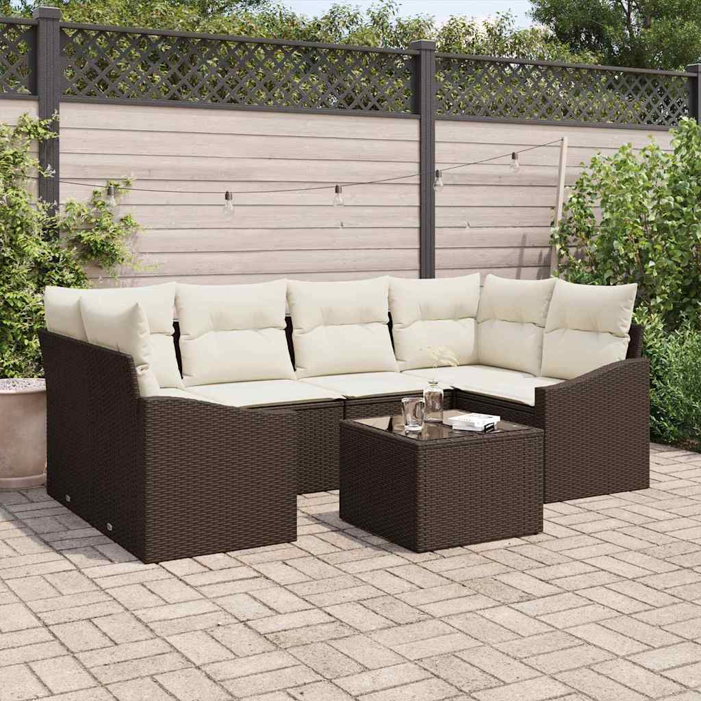 Sofa Set 7 stk. Braun und Creme Poly-Rattan