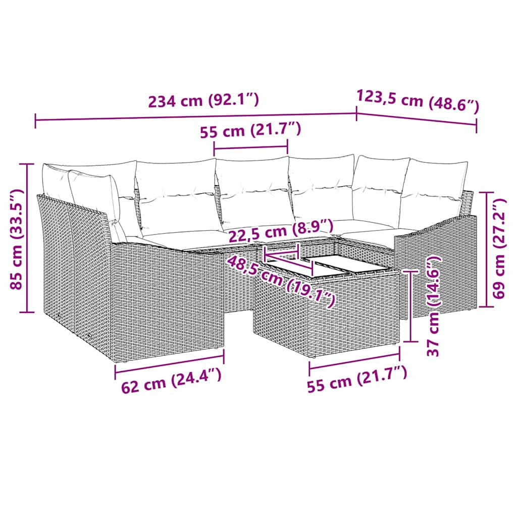 Sofa Set 7 stk. Braun und Creme Poly-Rattan