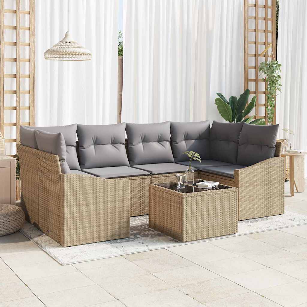 Sofa Set 7 stk. Beige und Grau Poly-Rattan