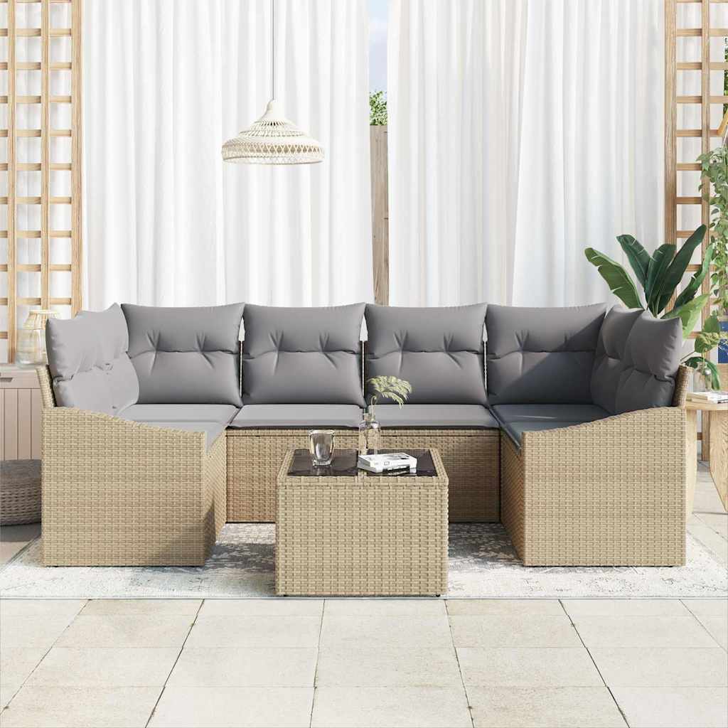 Sofa Set 7 stk. Beige und Grau Poly-Rattan