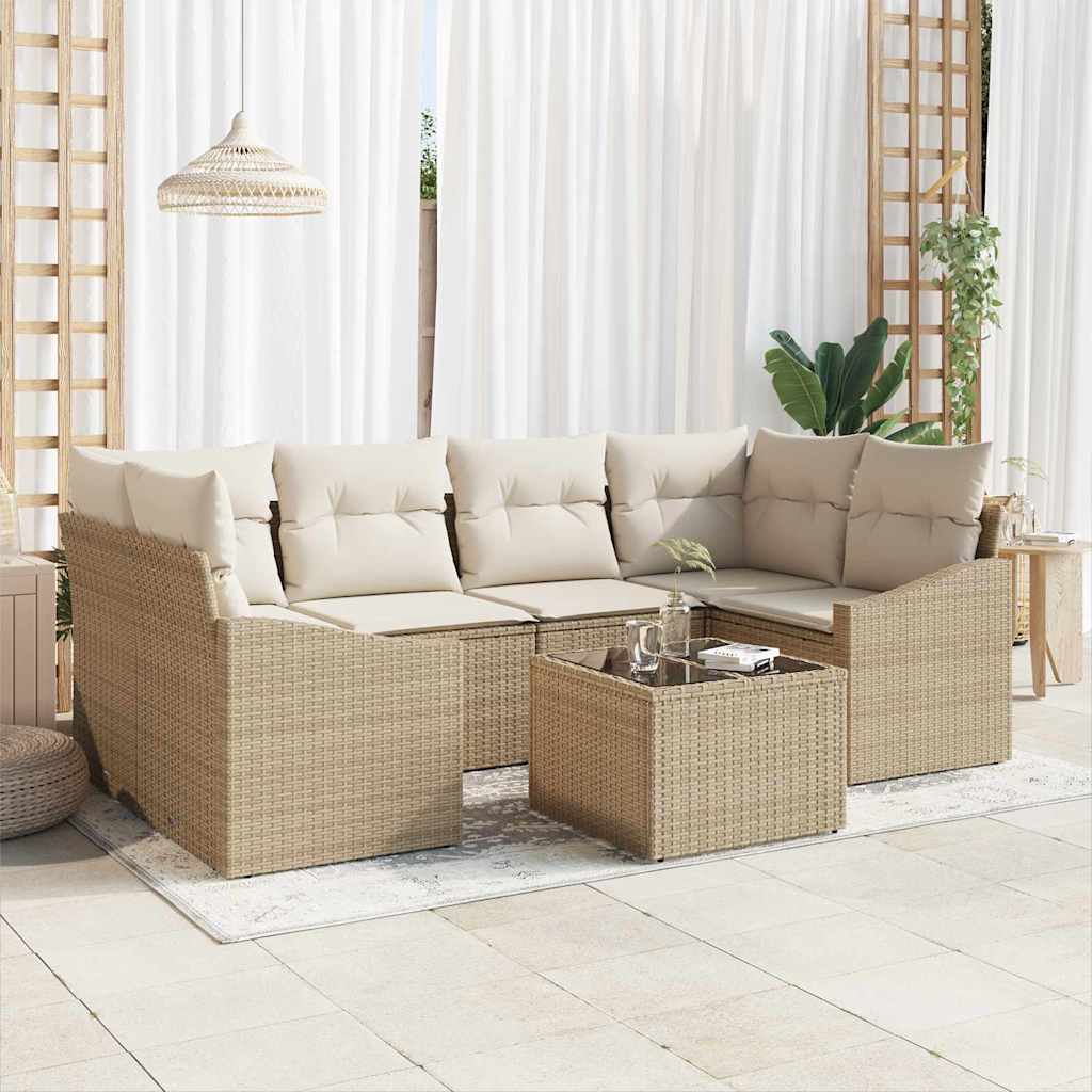 Sofa Set 7 stk. Beige und Creme Poly-Rattan