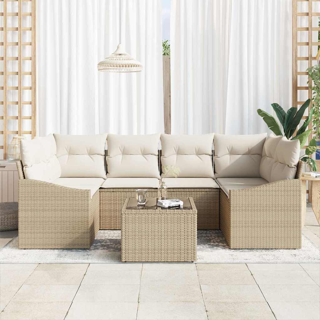 Sofa Set 7 stk. Beige und Creme Poly-Rattan