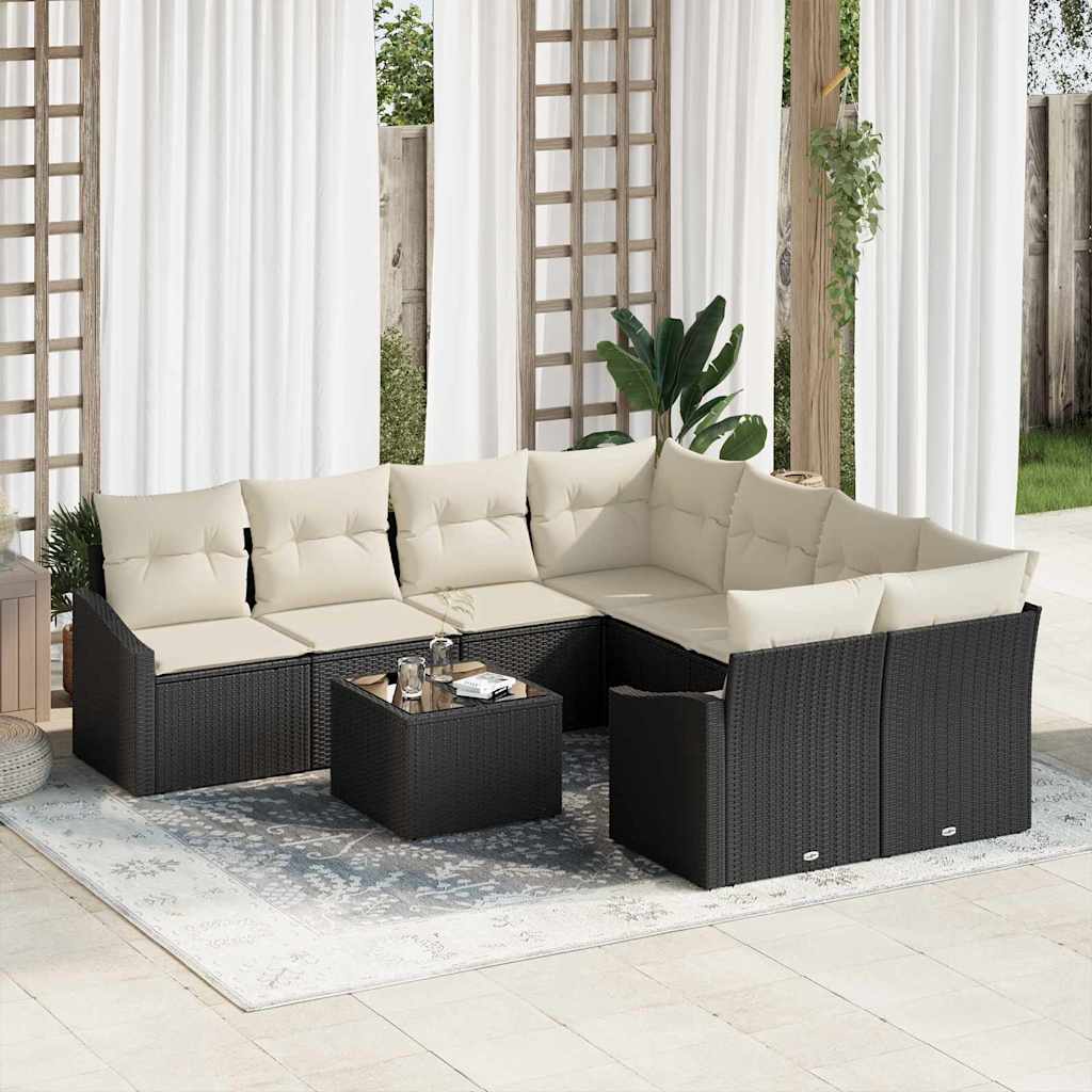 Sofa Set 9 stk. Schwarz und Creme Poly-Rattan