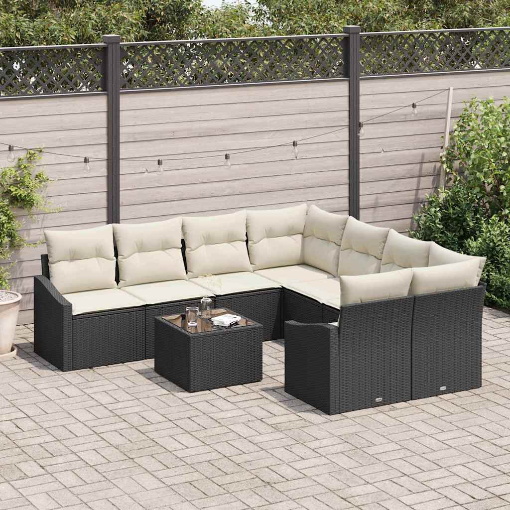 Sofa Set 9 stk. Schwarz und Creme Poly-Rattan
