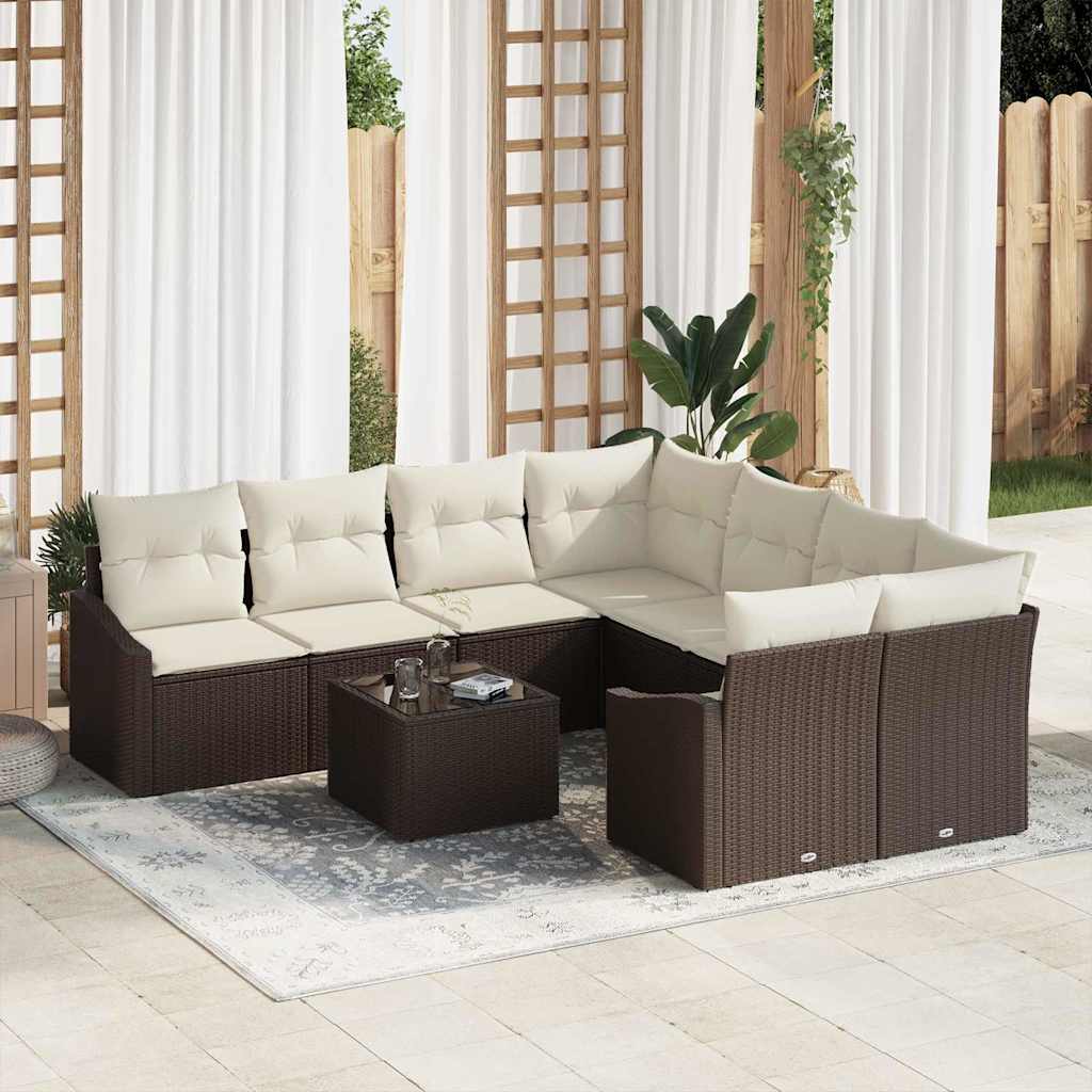 Sofa Set 9 stk. Braun und Creme Poly-Rattan