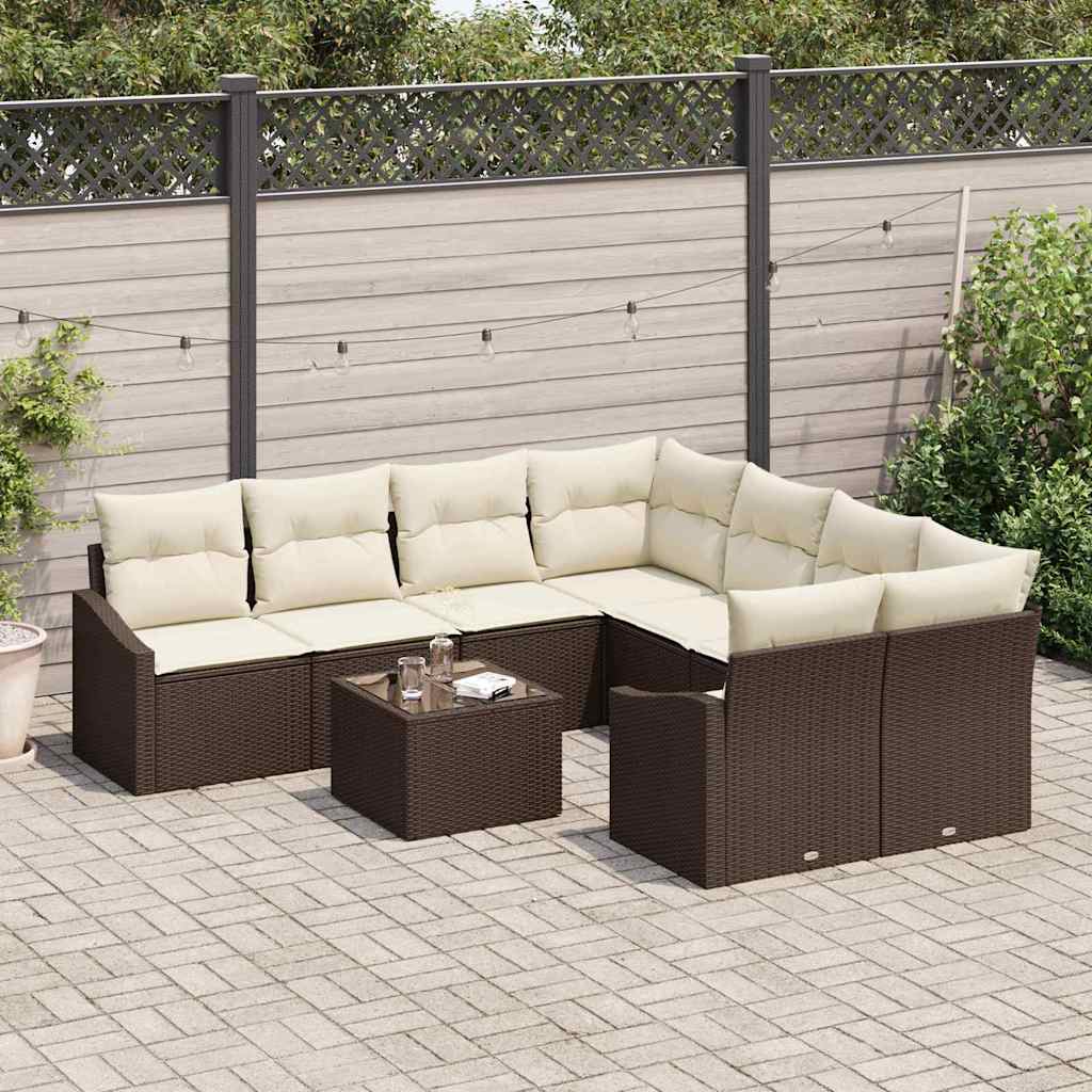 Sofa Set 9 stk. Braun und Creme Poly-Rattan