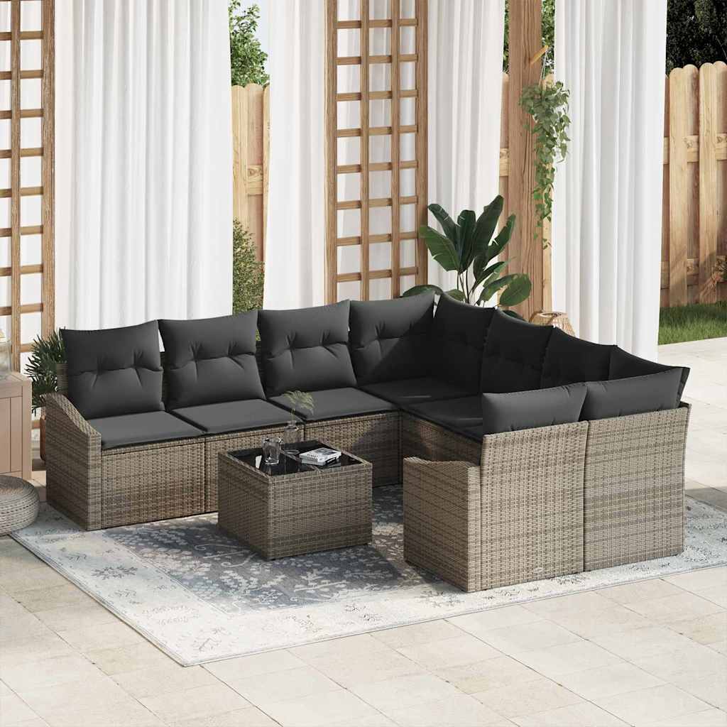 Sofa Set 9 stk. Grau Poly-Rattan