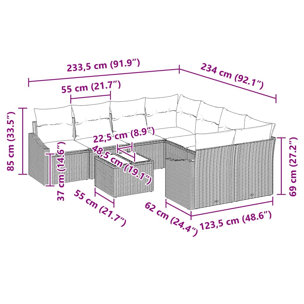 Sofa Set 9 stk. Grau Poly-Rattan